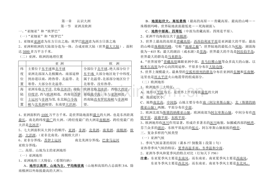 湘教版七年级地理下册亚洲及欧洲知识总汇讲课稿.doc_第1页