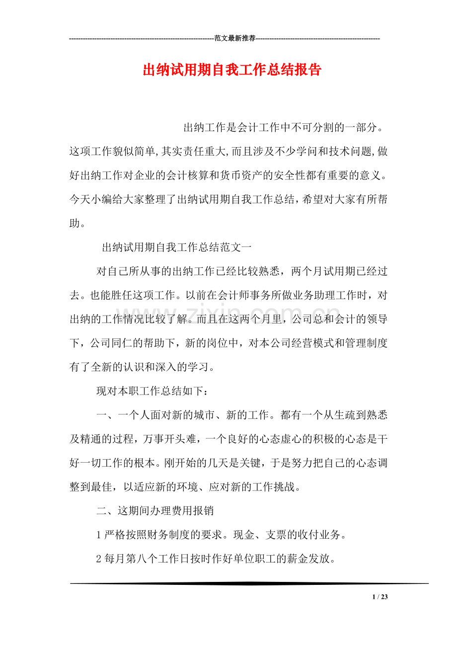 出纳试用期自我工作总结报告.doc_第1页