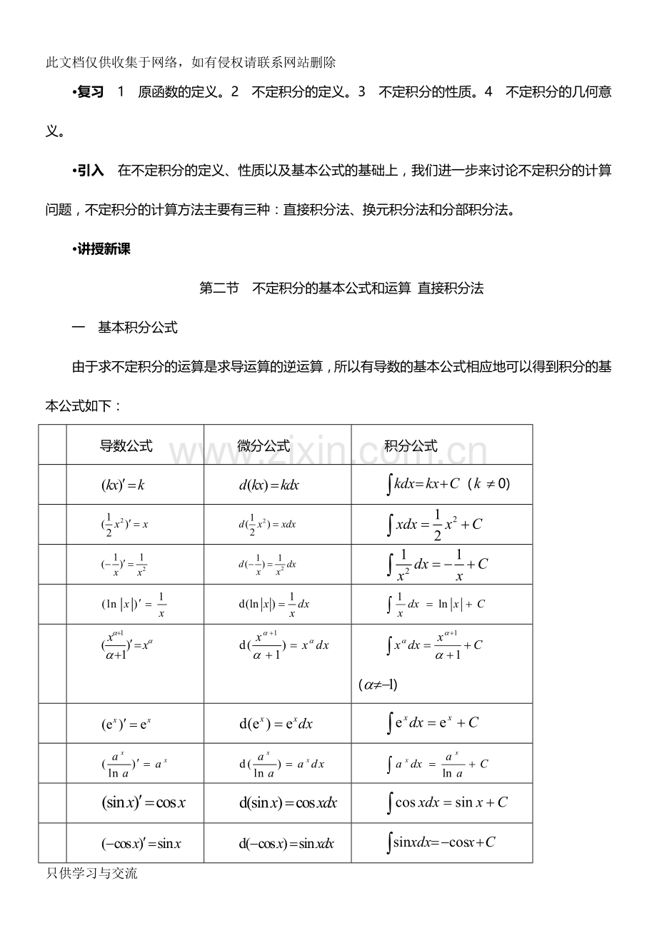 不定积分的基本公式和运算法则直接积分法word版本.doc_第1页