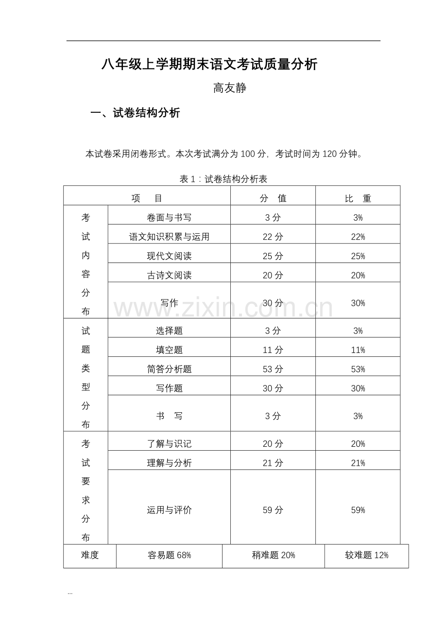 八年级上学期期末语文考试质量分析教学提纲.doc_第1页