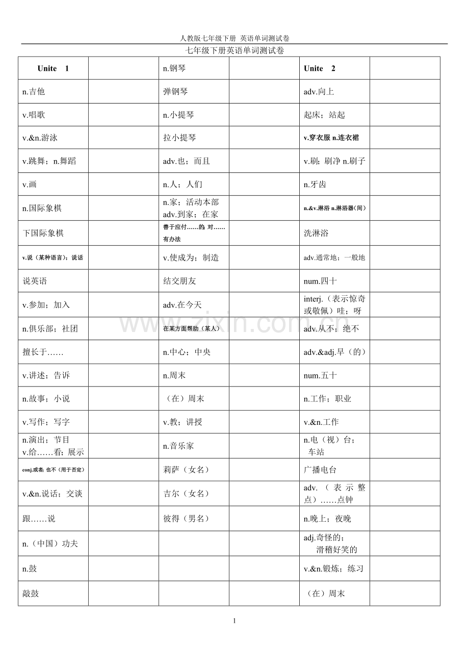 七年级下册英语单词测试卷教学文稿.doc_第1页