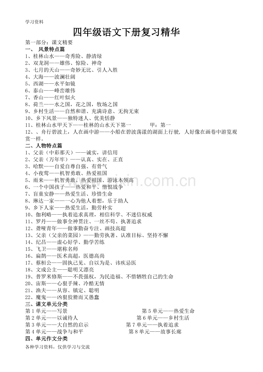 人教版四年级语文下册复习精华说课材料.doc_第1页