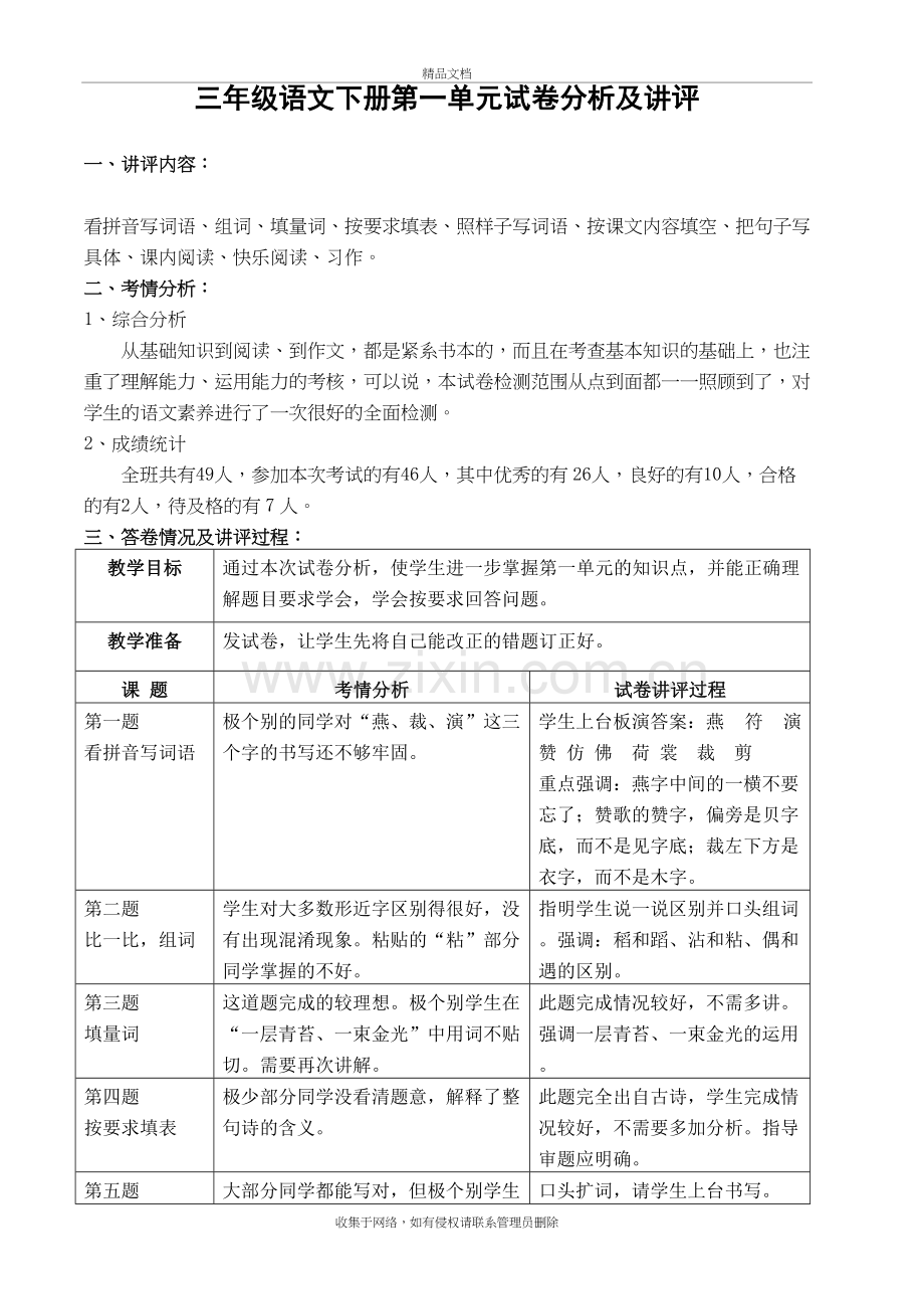 三年级语文下册第一单元试卷讲评分析培训资料.docx_第2页