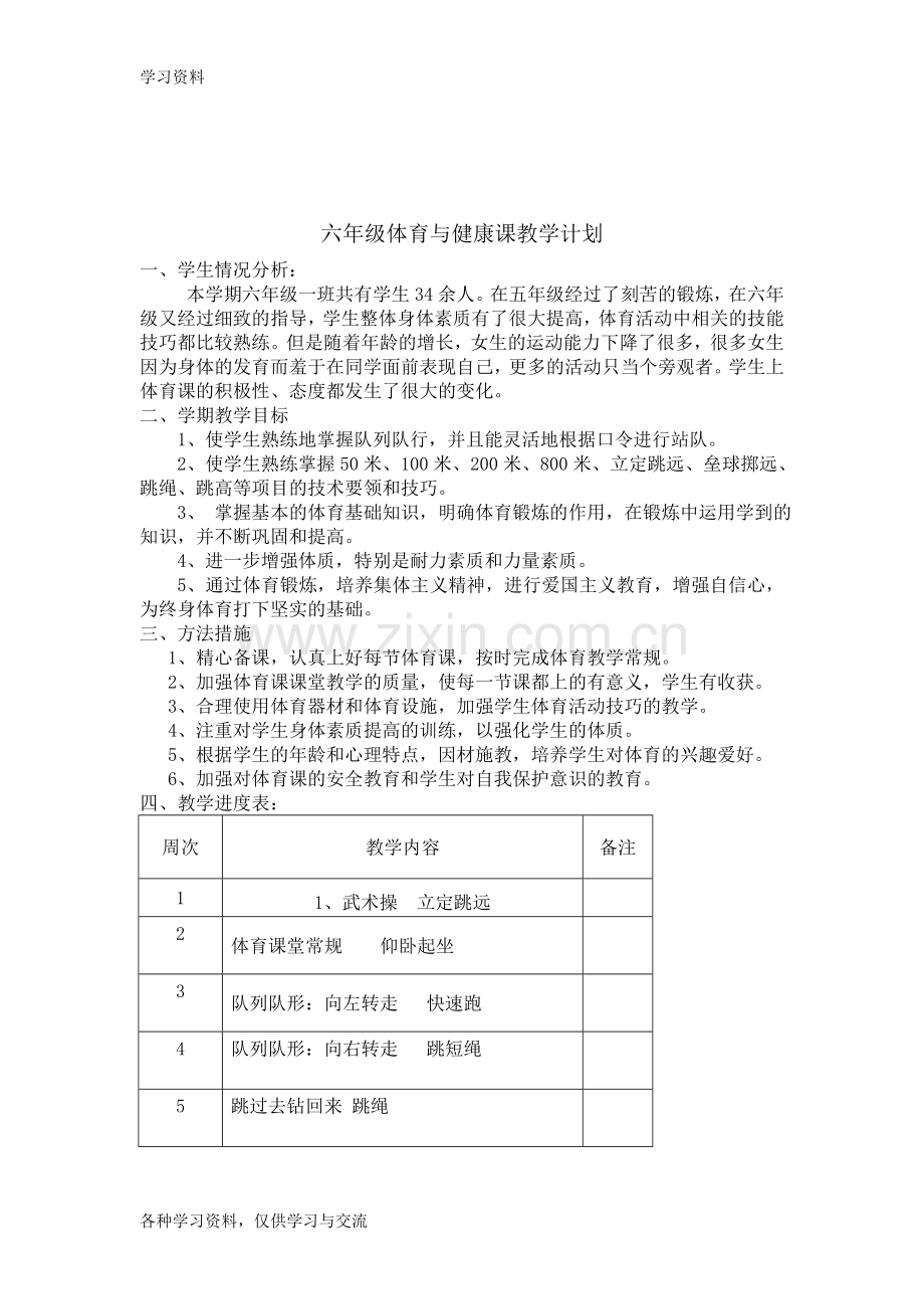 小学体育六年级下册体育教案备课讲稿.doc_第1页