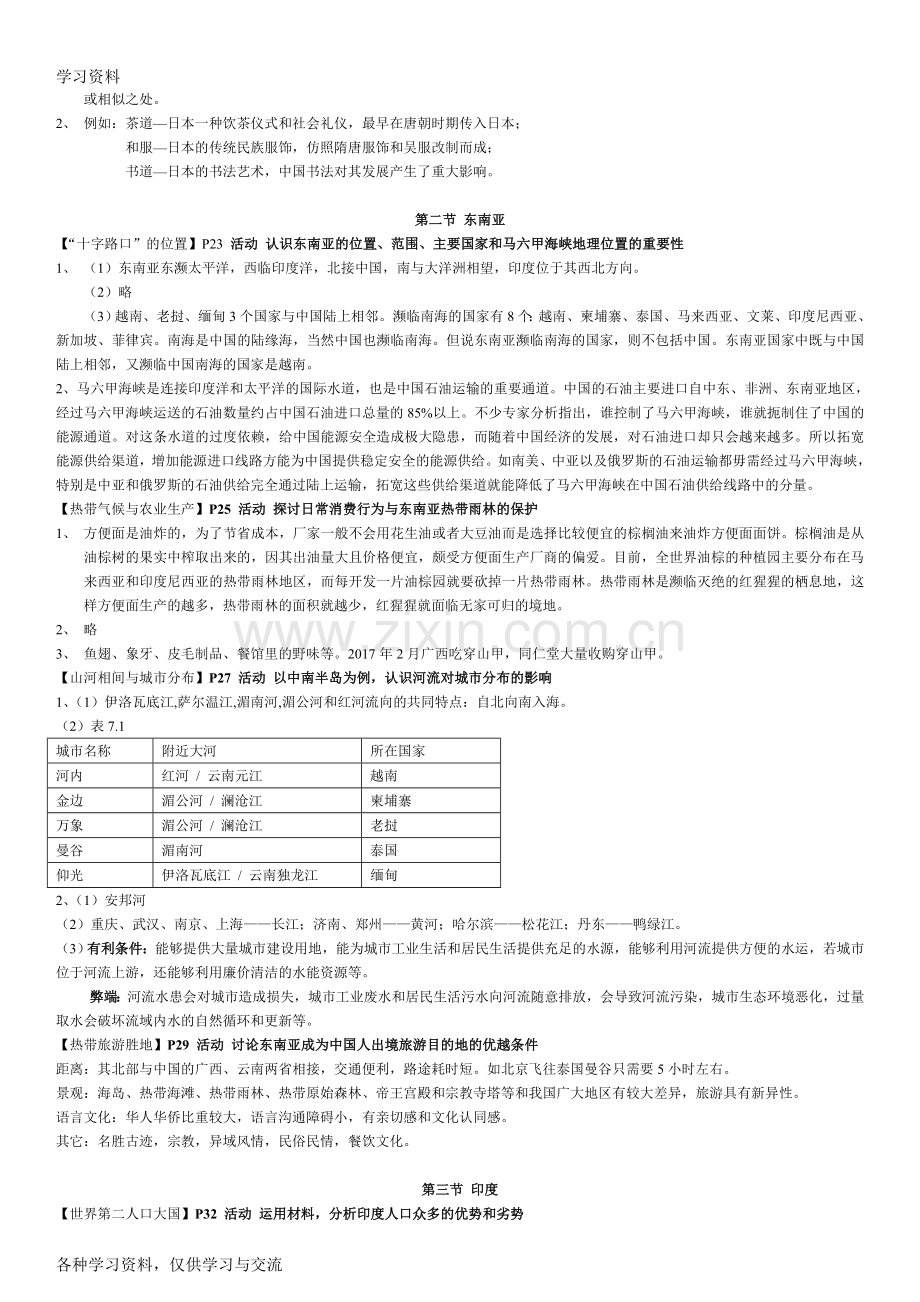 人教版地理七年级下册活动答案-说课讲解.doc_第2页