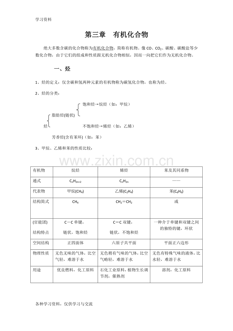 人教版化学必修二有机物知识点教学内容.doc_第1页