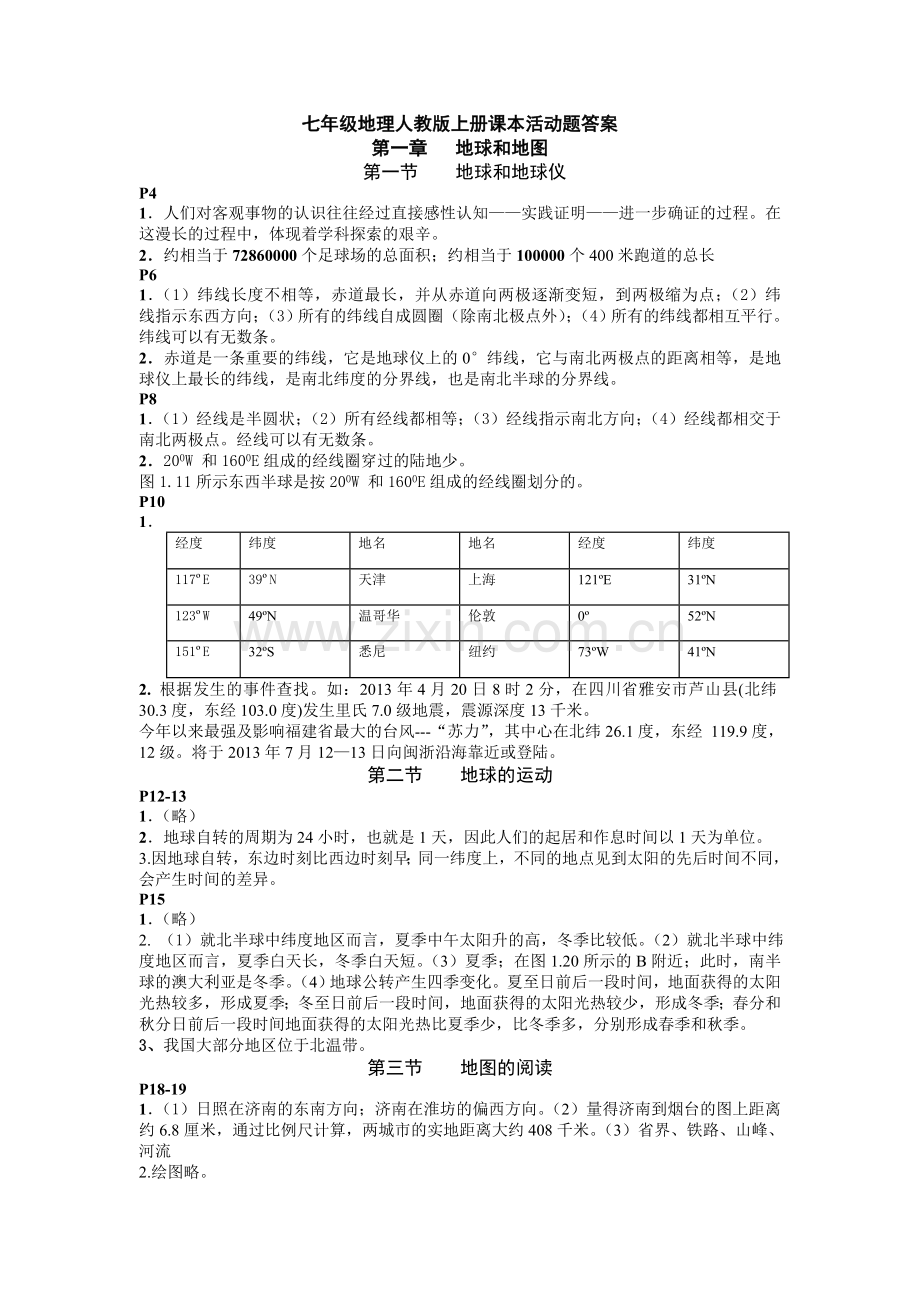 七年级地理人教版上册课本活动题答案资料讲解.doc_第1页