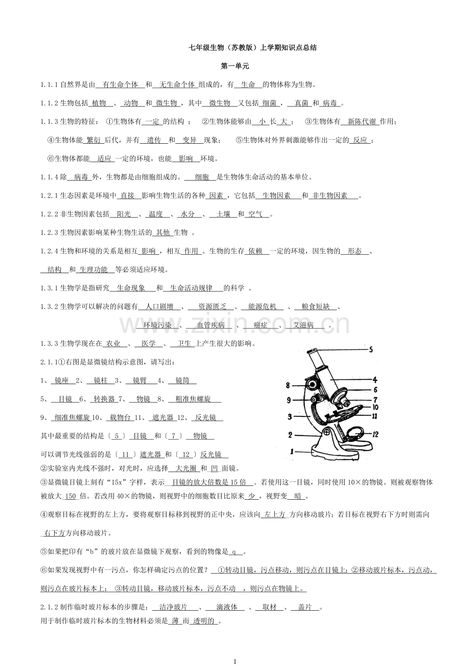 七年级生物(苏教版)知识点总结答案(全)教学内容.doc_第1页