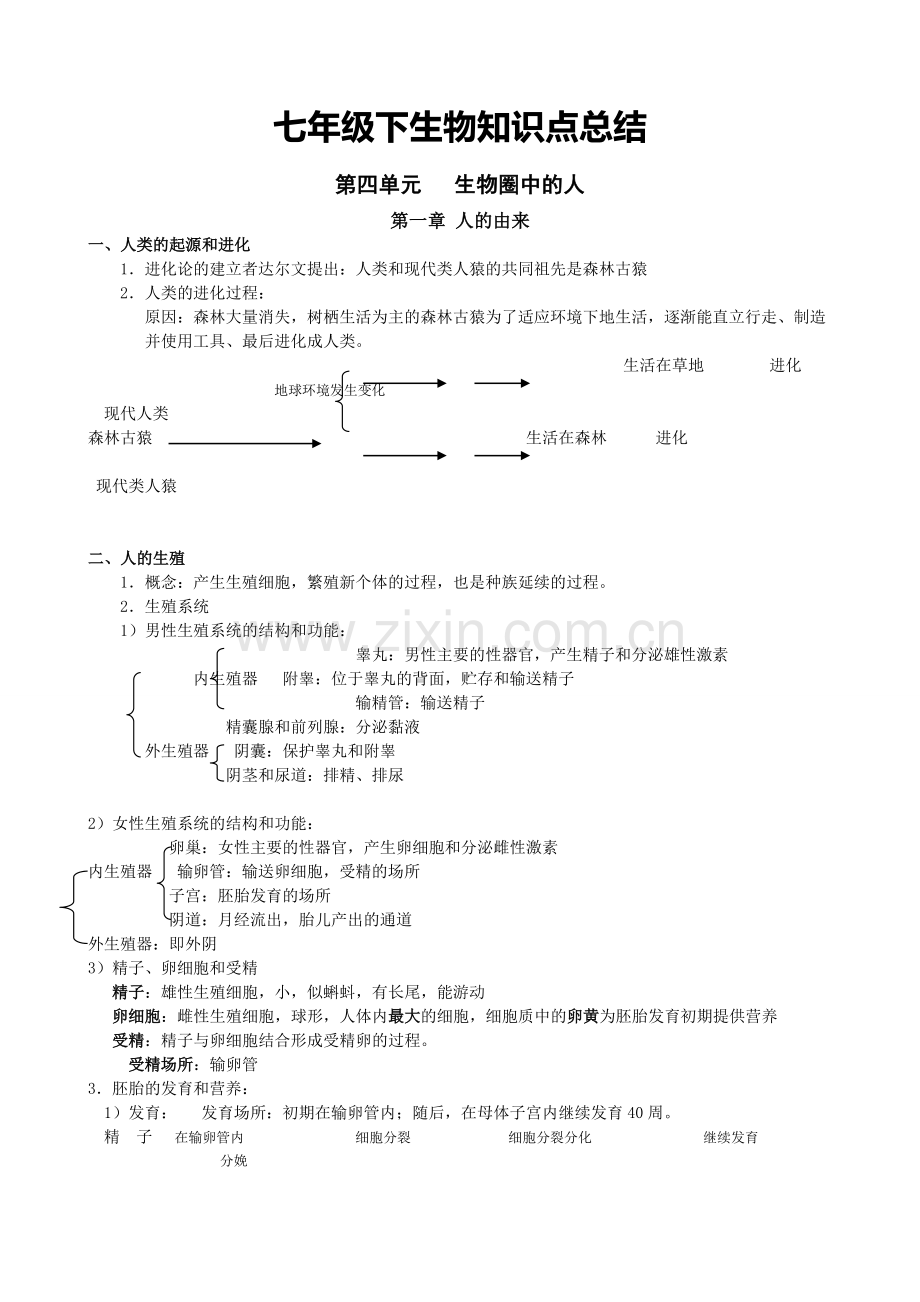 七年级下册生物知识点归纳电子教案.doc_第1页