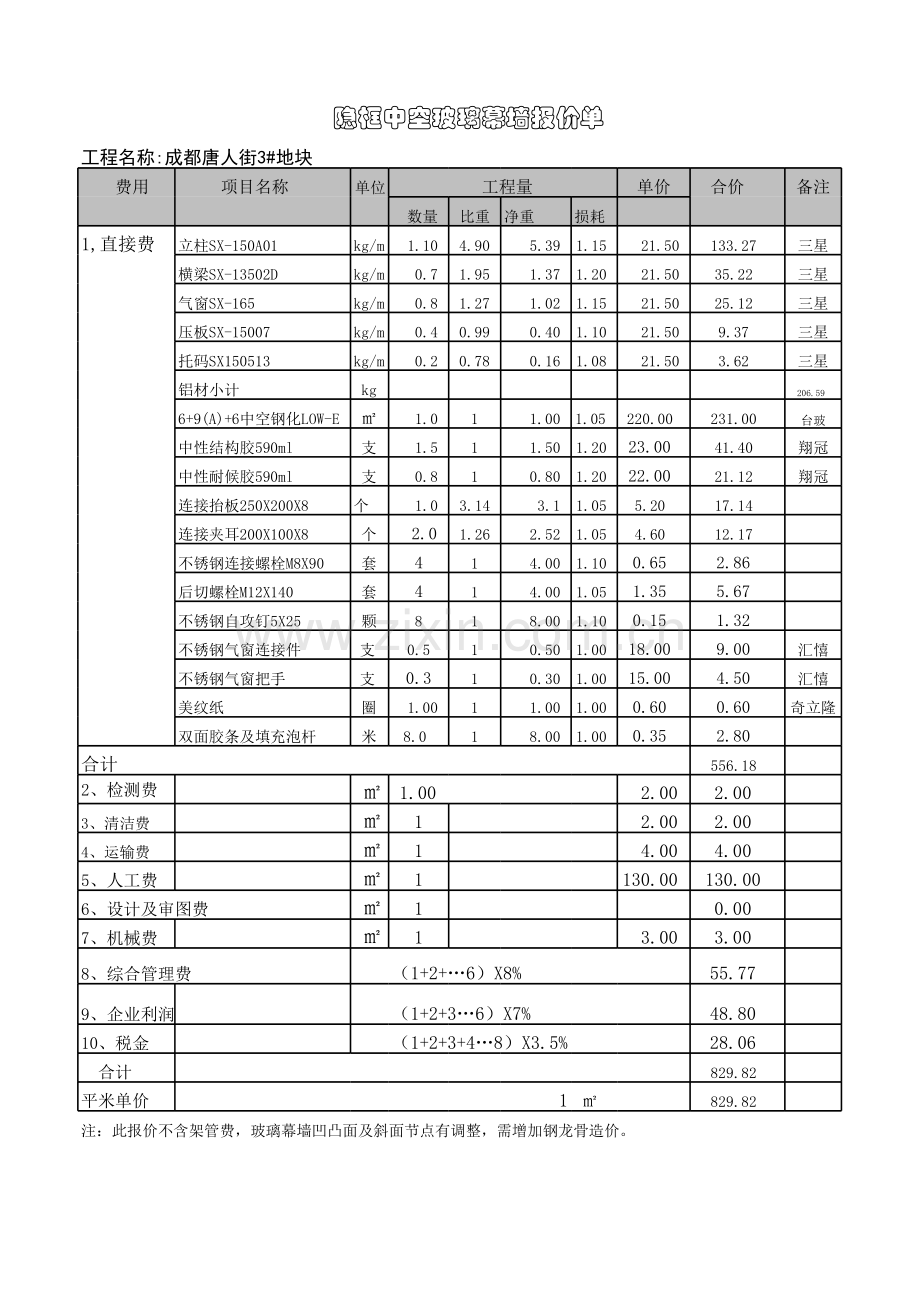 玻璃幕墙单价分析表知识讲解.xls_第3页