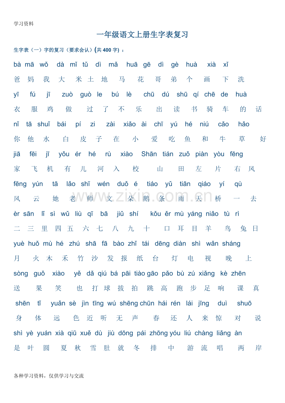 人教版小学一年级语文上册生字表(打印版)复习过程.doc_第1页