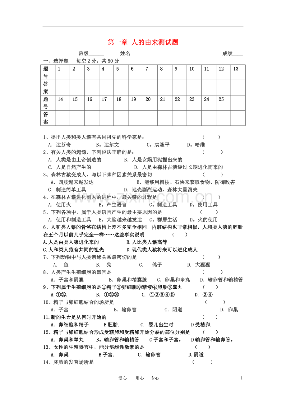 七年级生物下册-第一章人的由来测试题-人教新课标版备课讲稿.doc_第1页