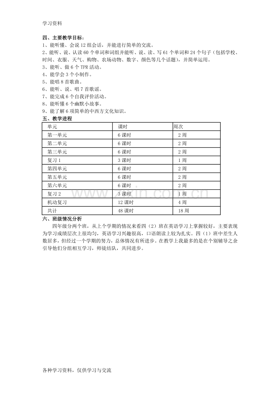 人教版四年级下册英语教学计划复习课程.doc_第2页