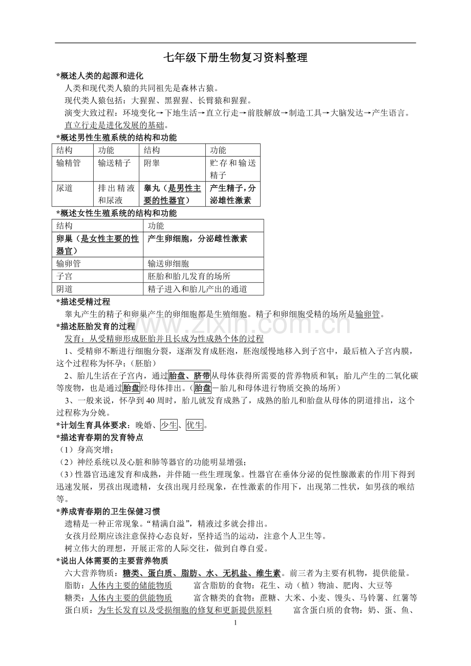 七年级下册生物复习资料(整理)教学内容.doc_第1页