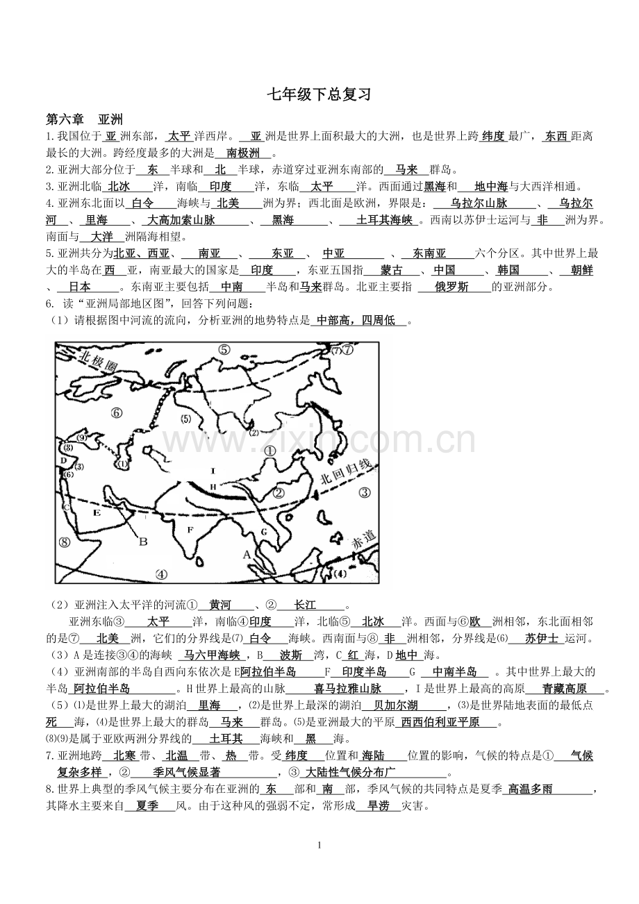 七年级下册地理知识点汇总(精华打印版)讲课讲稿.doc_第1页