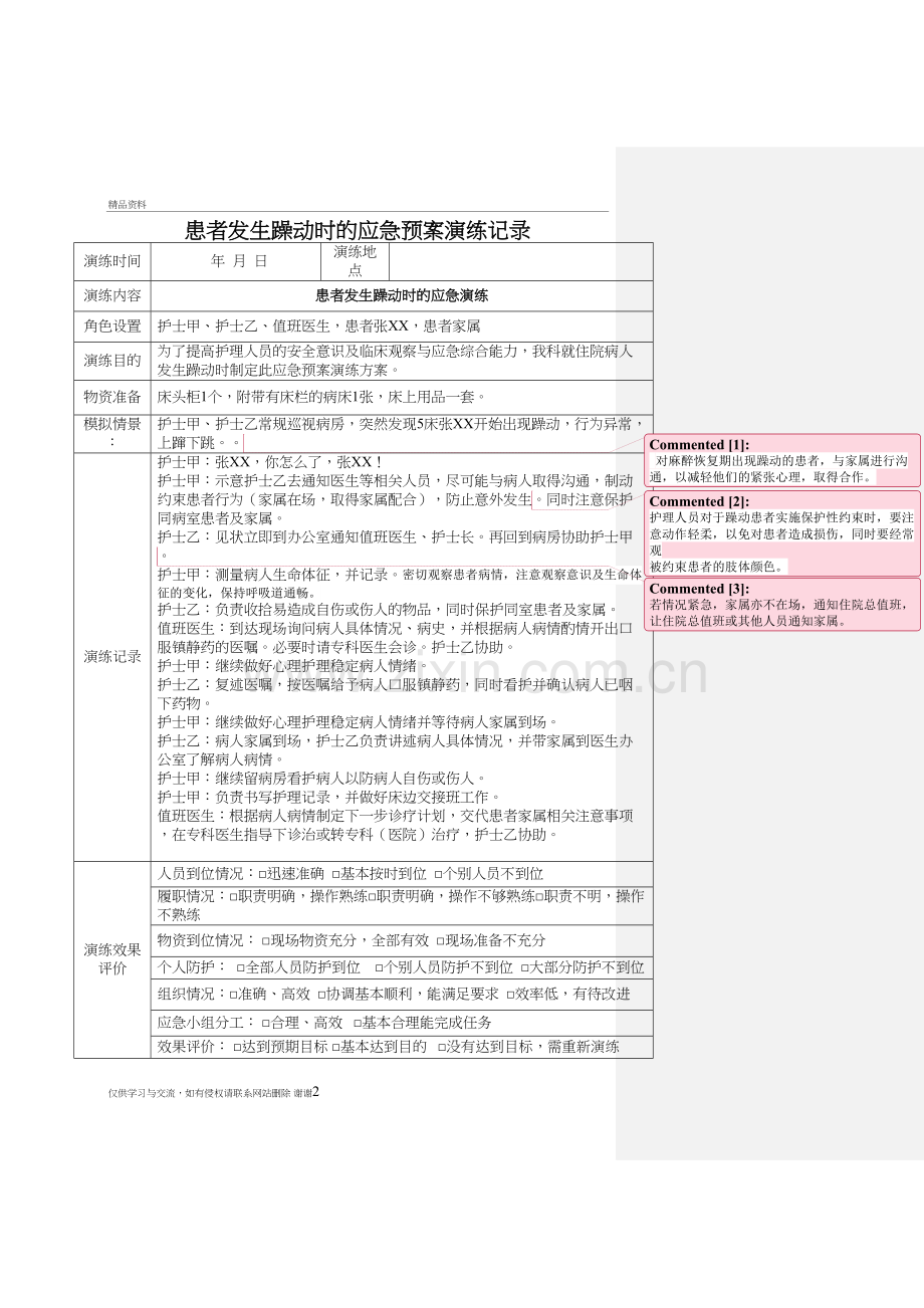 患者发生躁动时应急预案演练记录教学文案.doc_第2页