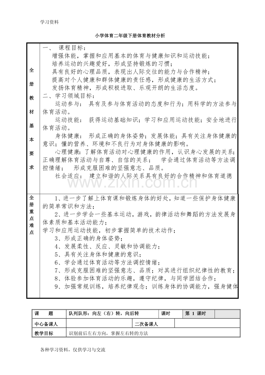 小学体育二年级下册体育教案全册表格式知识讲解.doc_第1页