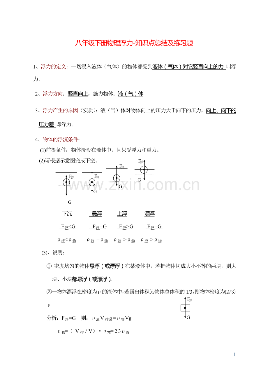 八年级下册物理浮力-知识点总结及练习题教学文案.doc_第1页