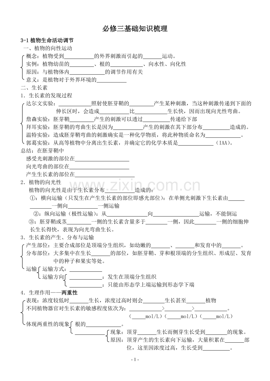 高中生物必修三知识填空培训讲学.doc_第1页