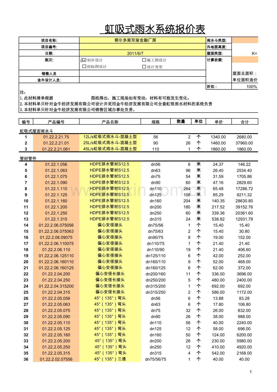 虹吸雨水报价表讲解学习.xls_第1页