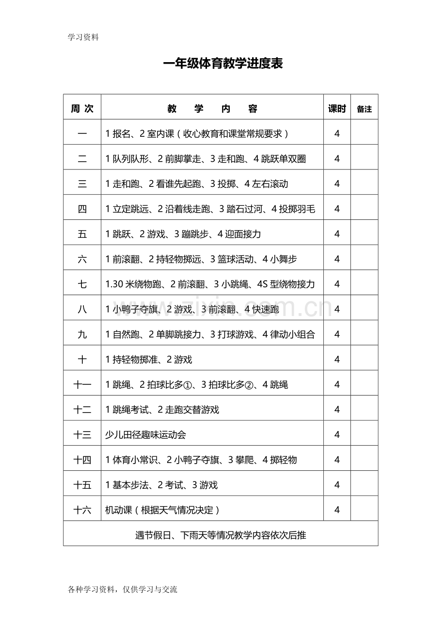 一年级体育教学进度表下册备课讲稿.doc_第1页