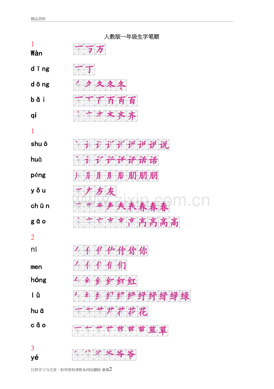 人教版一年级下册生字笔顺(整理)上课讲义.doc_第2页