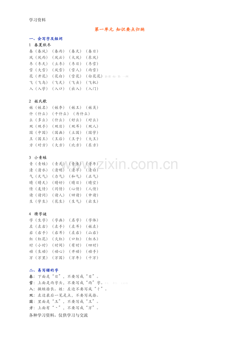 一年级下册语文单元知识点归纳word版本.doc_第1页