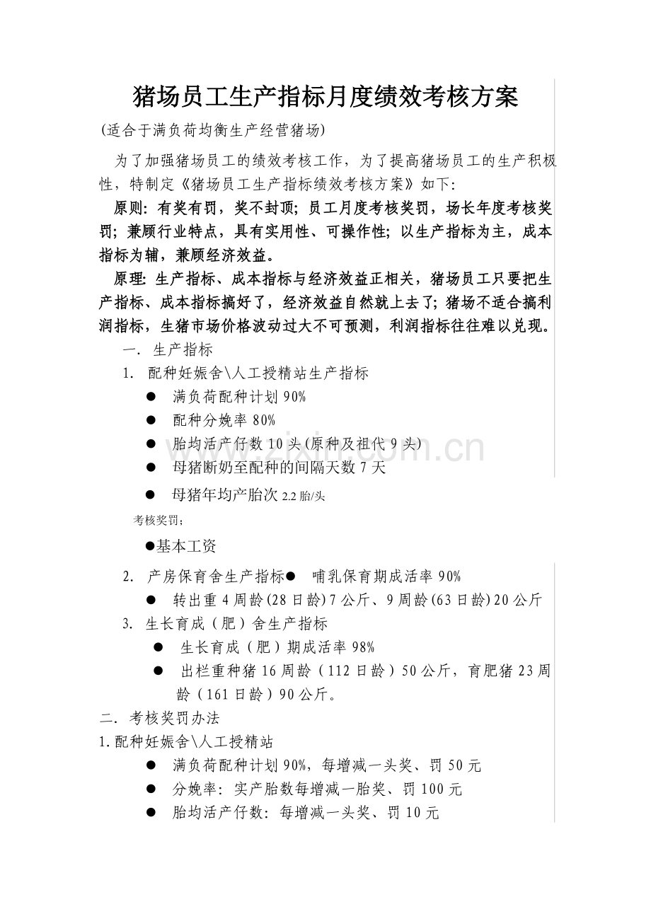 猪场员工生产指标月度绩效考核方案教学总结.doc_第1页