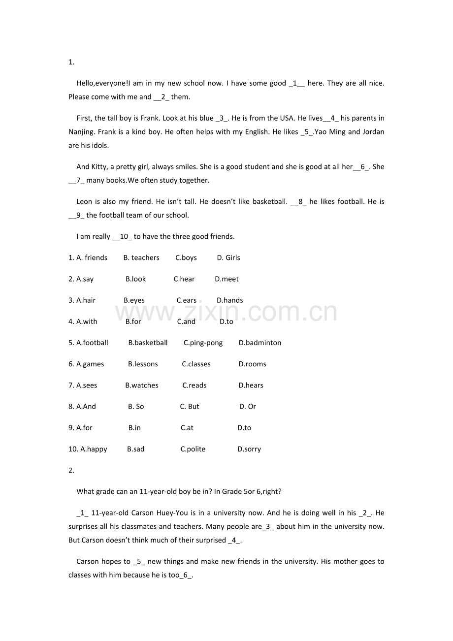 七年级上册英语完形填空试题及答案教学内容.doc_第1页