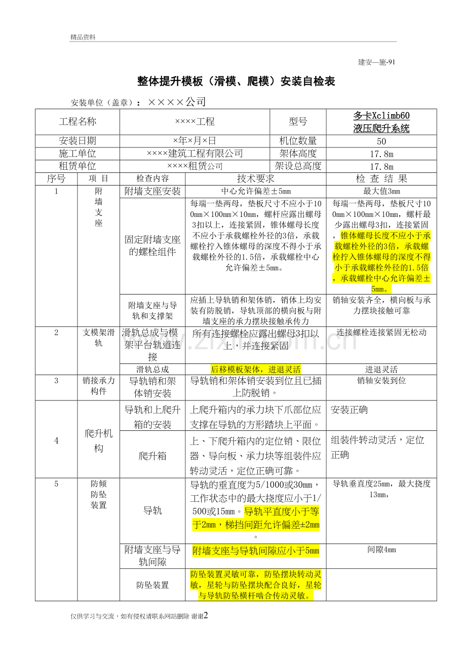 表91-整体提升模板(滑模、爬模)安装自检表教学文稿.doc_第2页