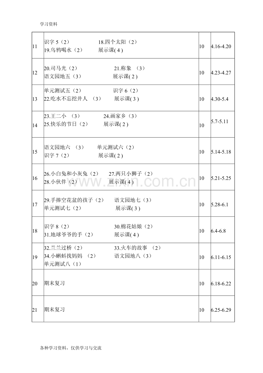 人教版小学一年级语文下册教学进度表教学提纲.doc_第2页