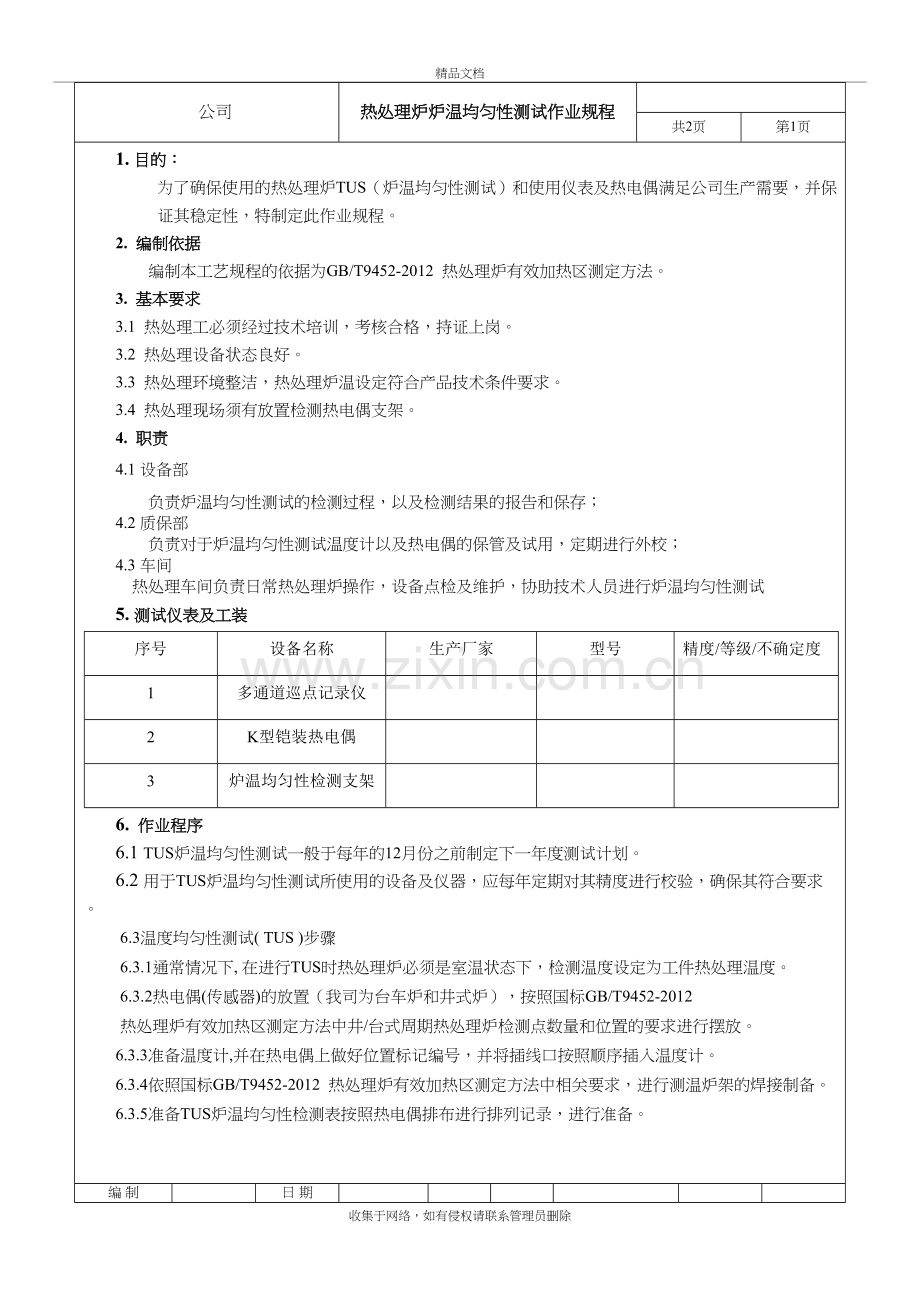 热处理炉炉温均匀性检测操作规程复习过程.docx_第2页