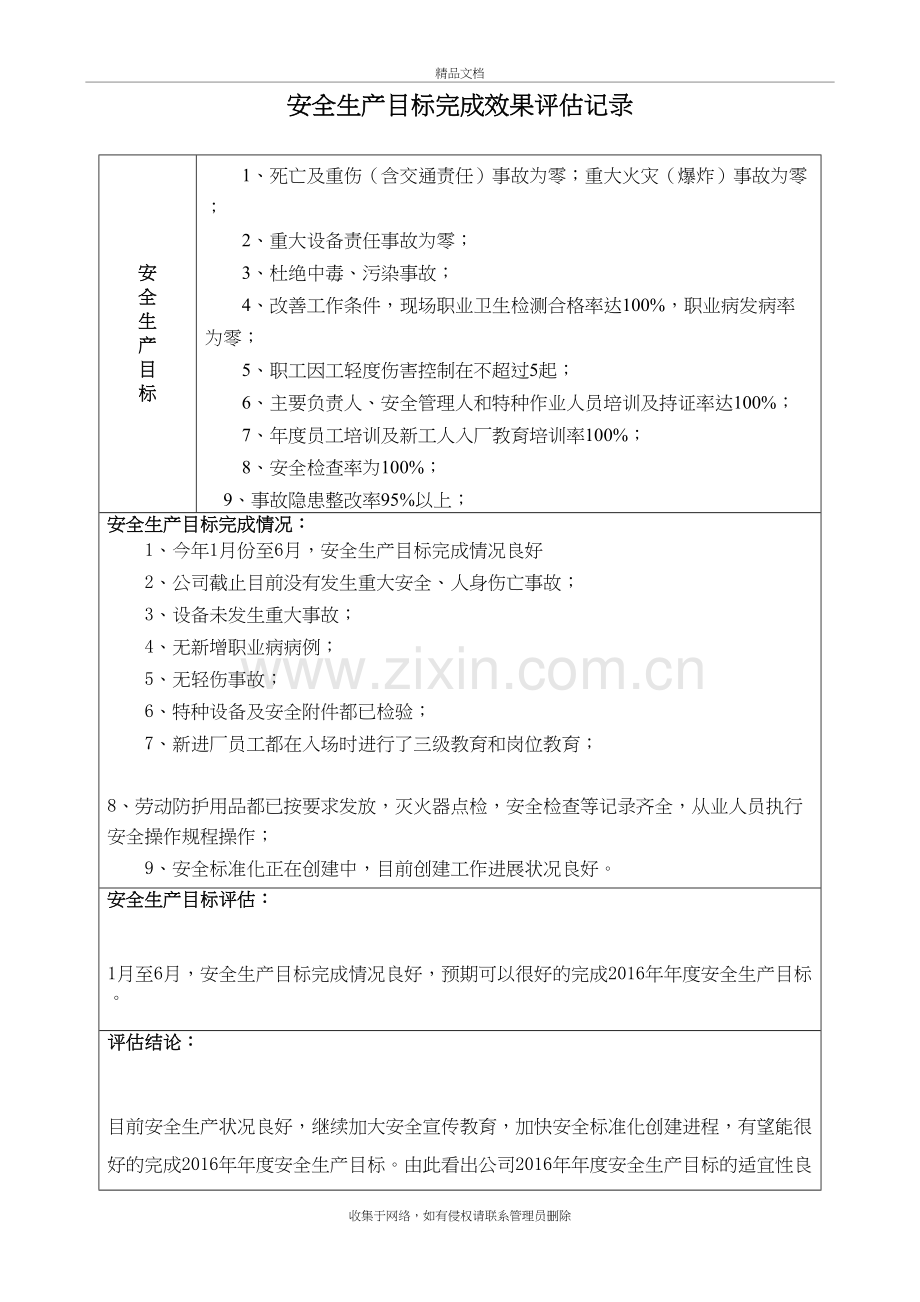 6、安全生产目标完成效果评估记录(每年一次)说课材料.doc_第2页