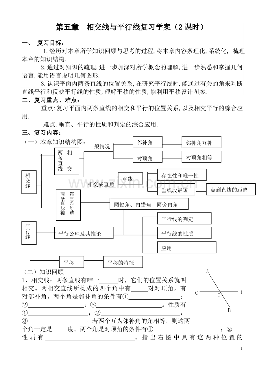 七年级数学下册第五章--相交线与平行线复习学案.doc0教案资料.doc_第1页