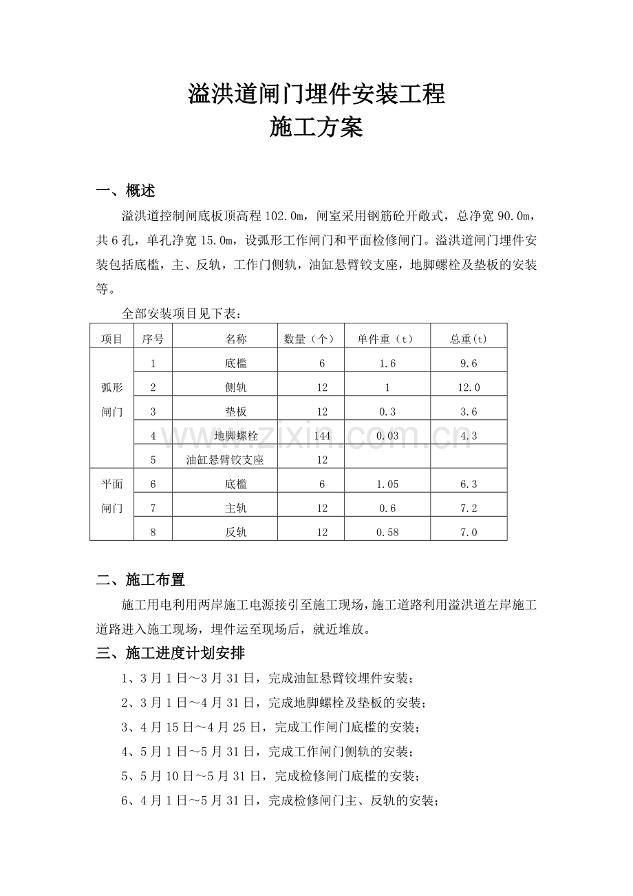 溢洪道闸门预埋件安装工程施工方案教学提纲.doc_第1页