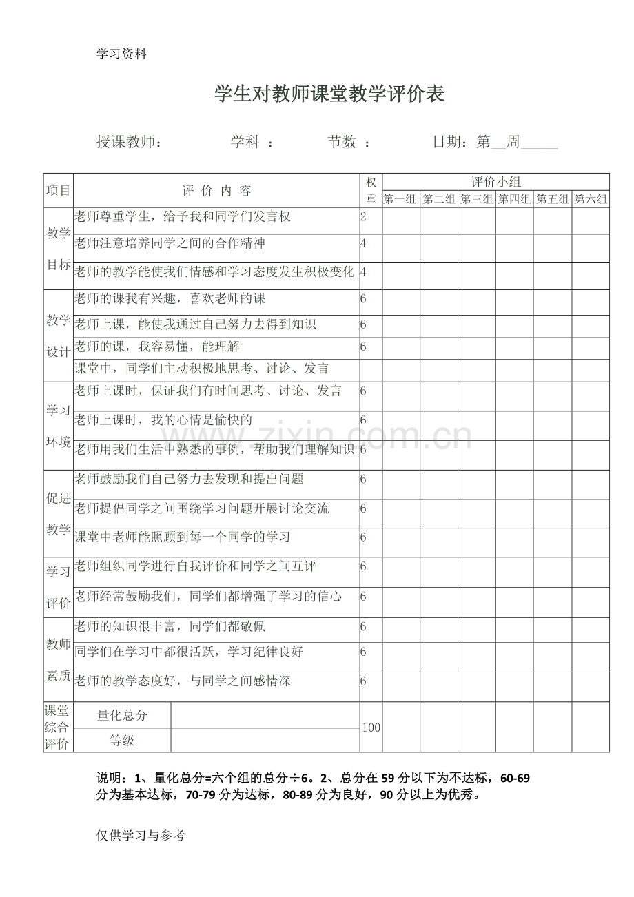 学生对教师课堂教学评价表doc资料.doc_第1页