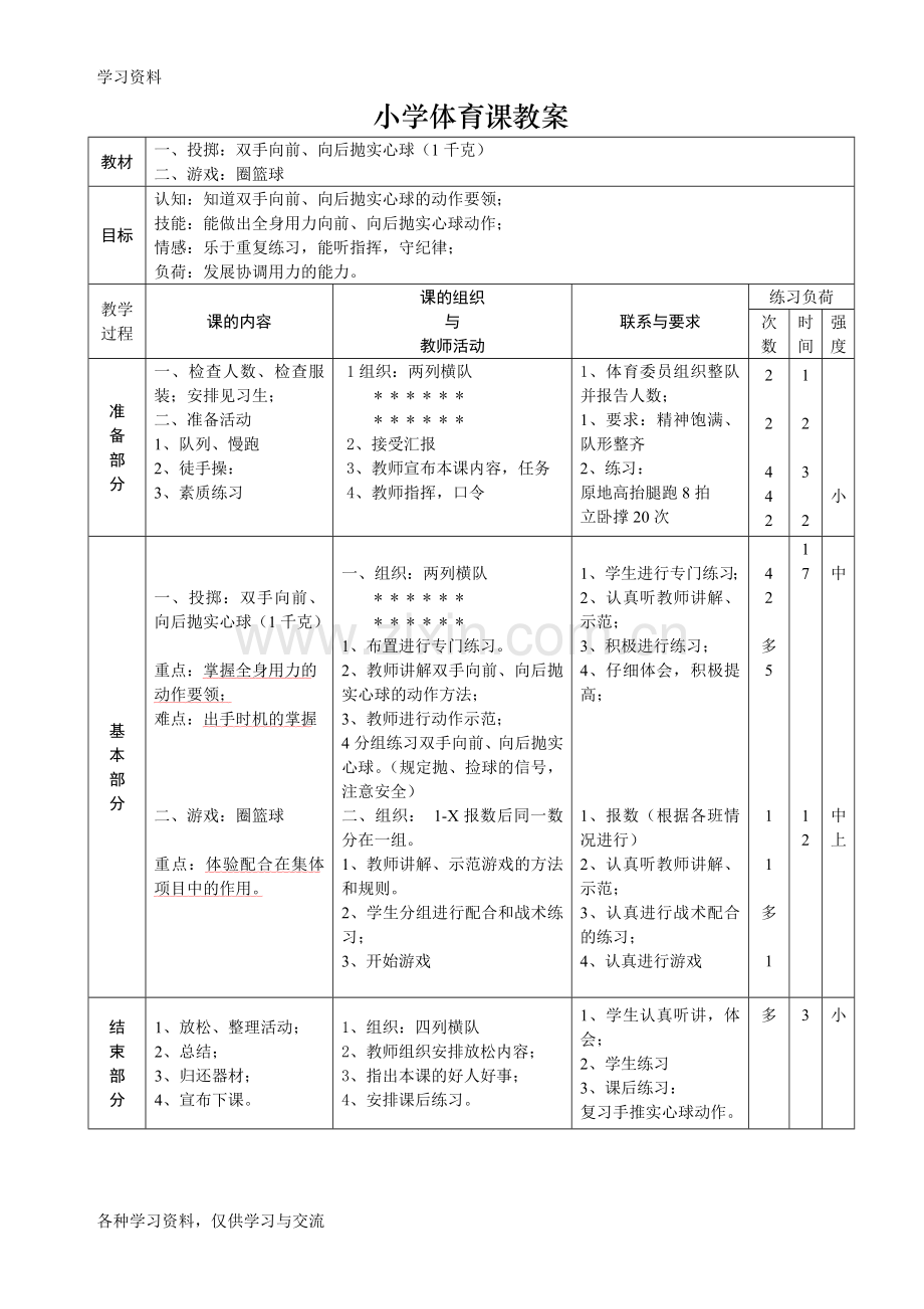 小学六年级体育课教案复习课程.doc_第1页