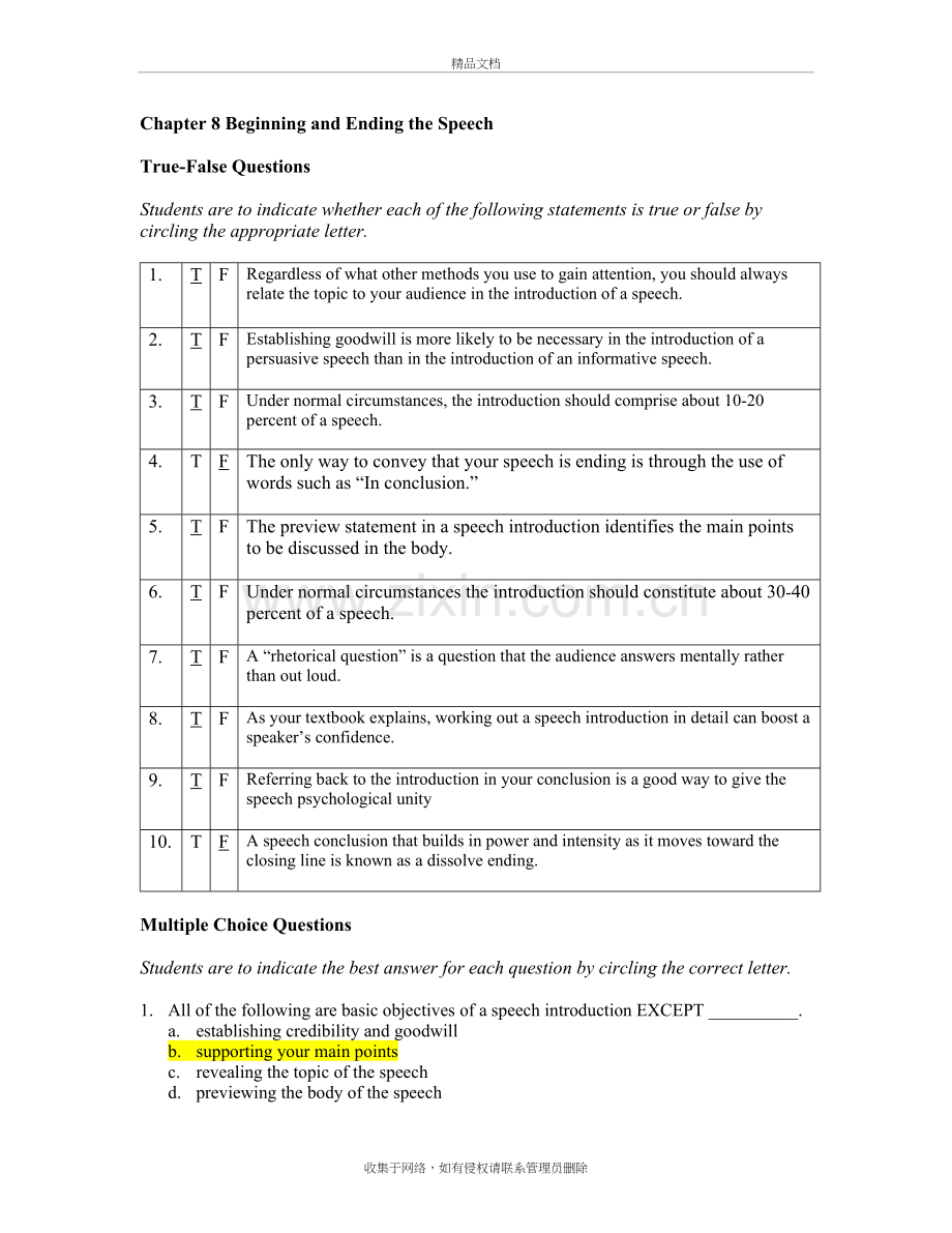 A10-Test-Bank-Part-II-Chapter-8-Begining-and-Ending-the-Speech资料讲解.doc_第2页