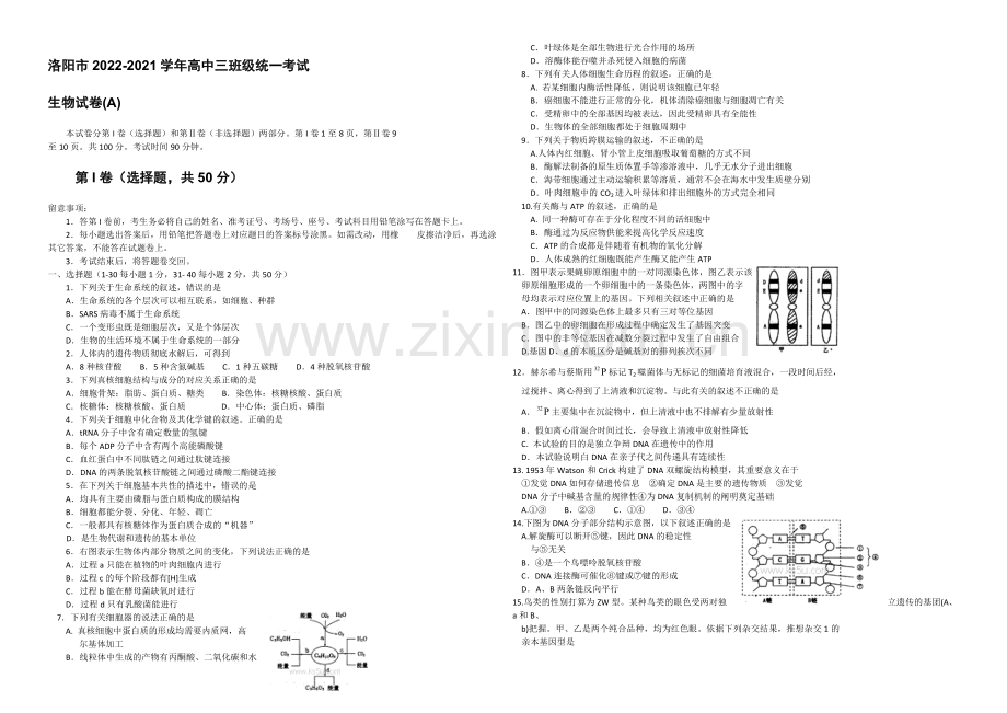 河南省洛阳市2021届高三上学期第一次统一考试-生物-Word版含答案.docx_第1页