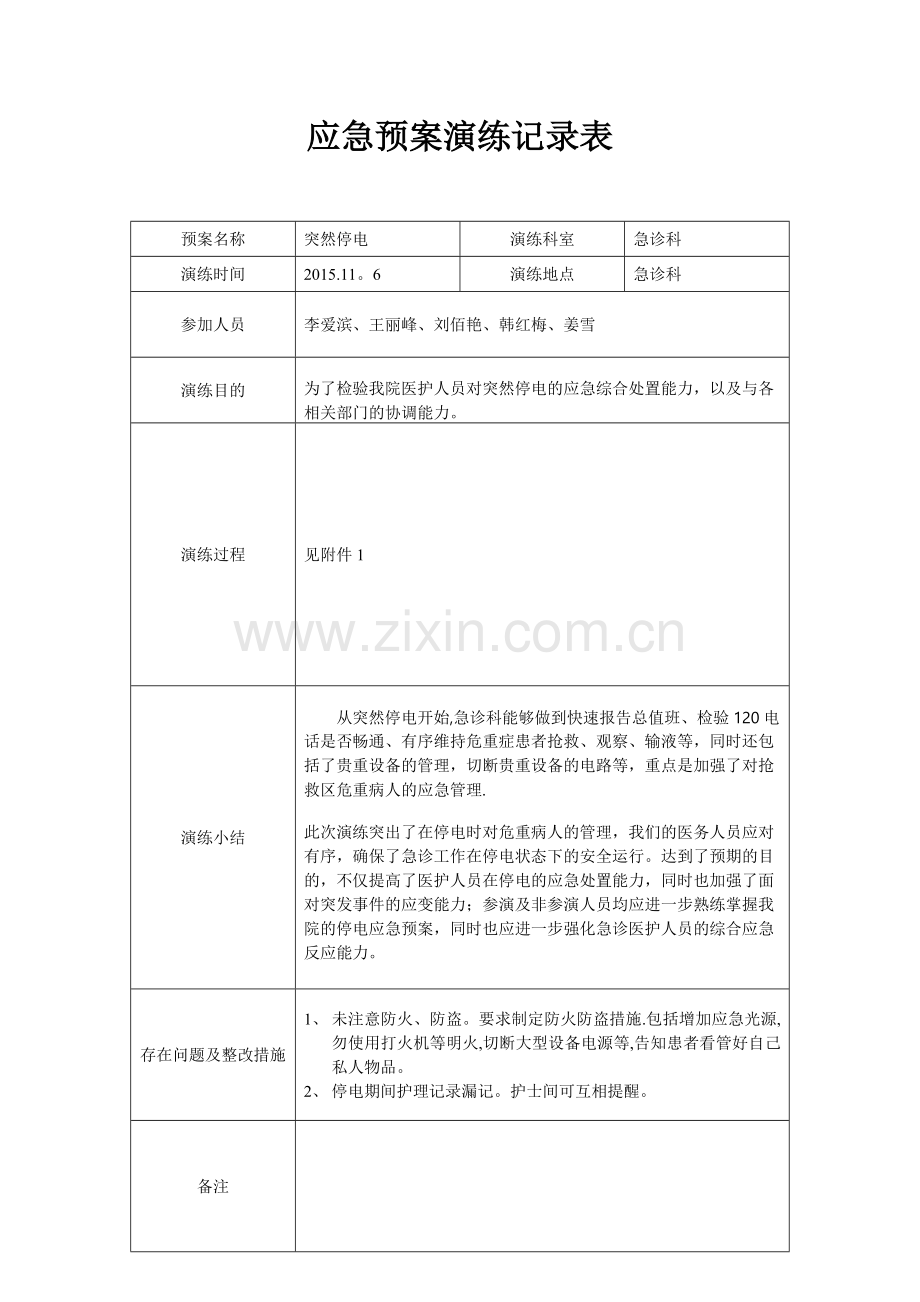 急诊科停电应急预案演练记录表.doc_第1页