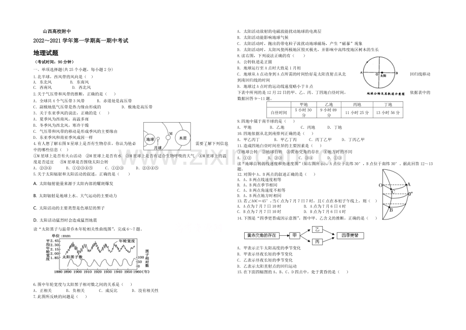 山西省山大附中2020-2021学年高一上学期期中考试地理-Word版含答案.docx_第1页