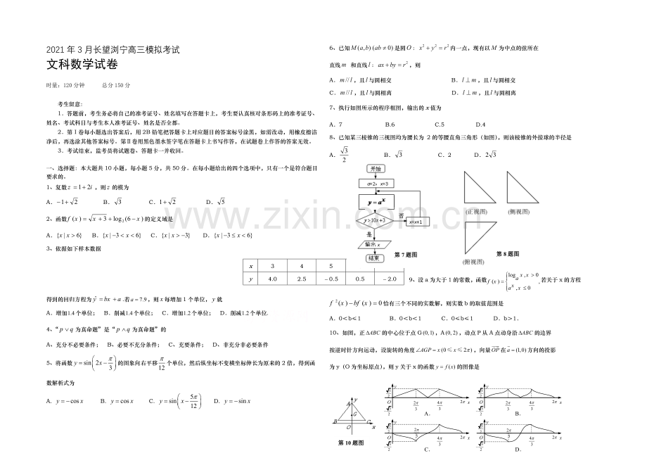 湖南省长望浏宁四县市2021届高三下学期3月模拟考试-数学(文)-Word版含答案.docx_第1页