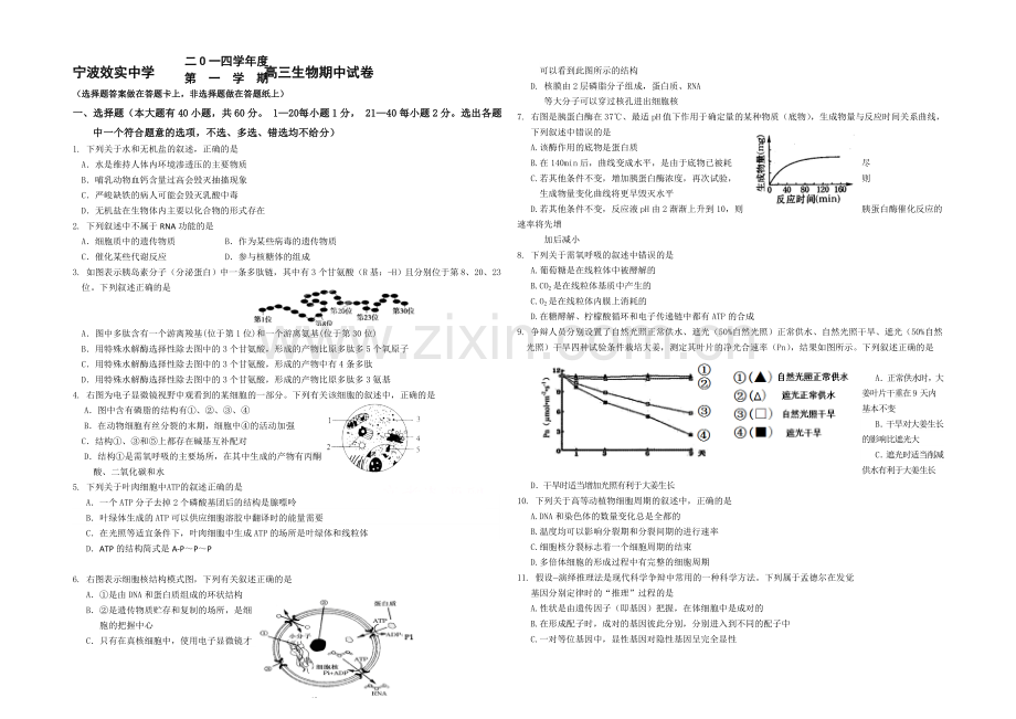 浙江省效实中学2021届高三上学期期中考试生物-Word版含答案.docx_第1页