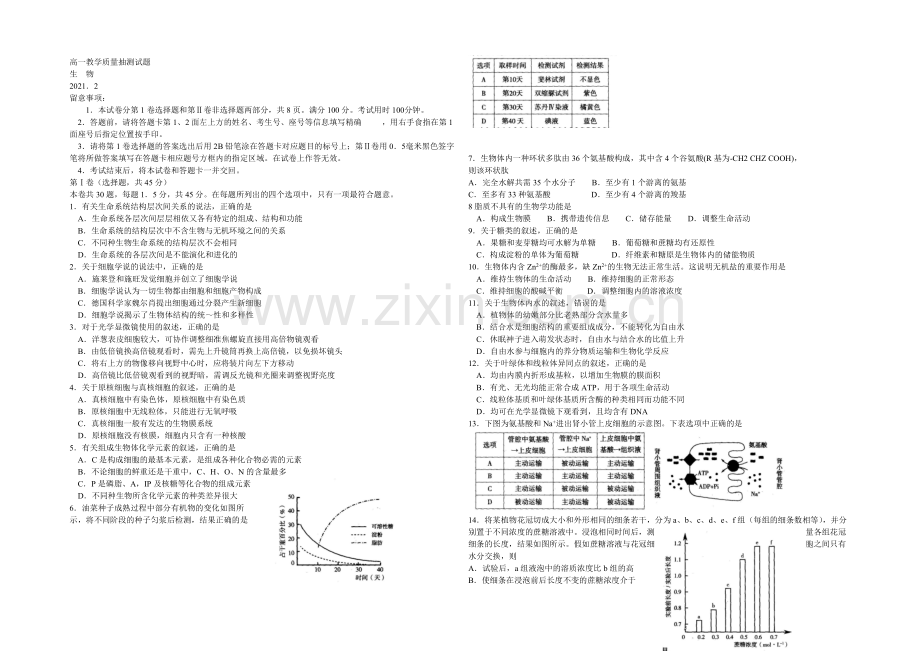 山东省临沂市2020-2021学年高一上学期期期末考试生物试题-Word版含答案.docx_第1页