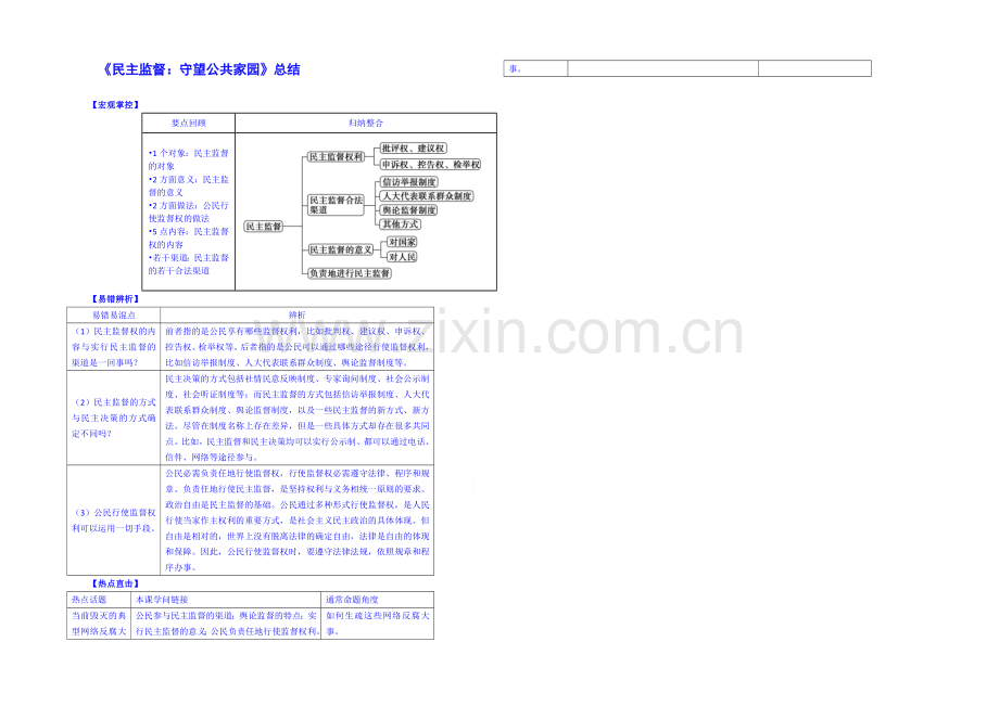 【2021春备课】高中政治四步教学法(人教版-必修2)：2.4-民主监督：守望公共家园-第4步-结.docx_第1页