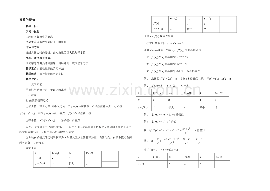 高中数学(北师大版)选修2-2教案：第3章-函数的极值-参考教案2.docx_第1页