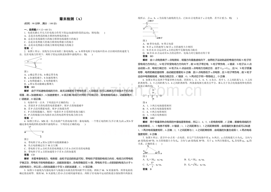 2020年高中物理(人教选修3-1)课时作业：第1章--静电场--章末检测(A).docx_第1页