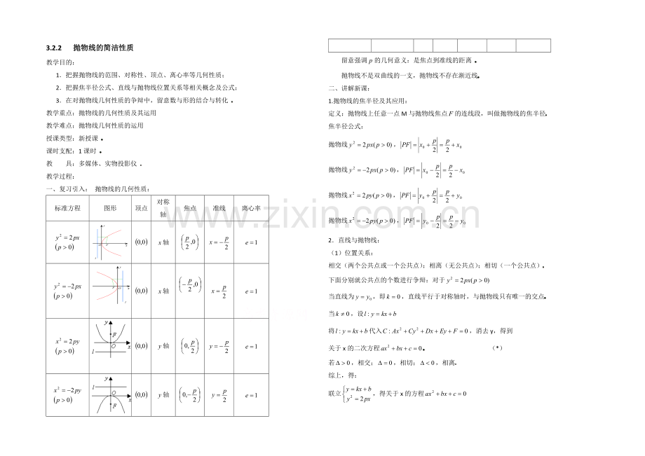 高中数学(北师大版)选修2-1教案：第3章-抛物线-第二课时参考教案.docx_第1页