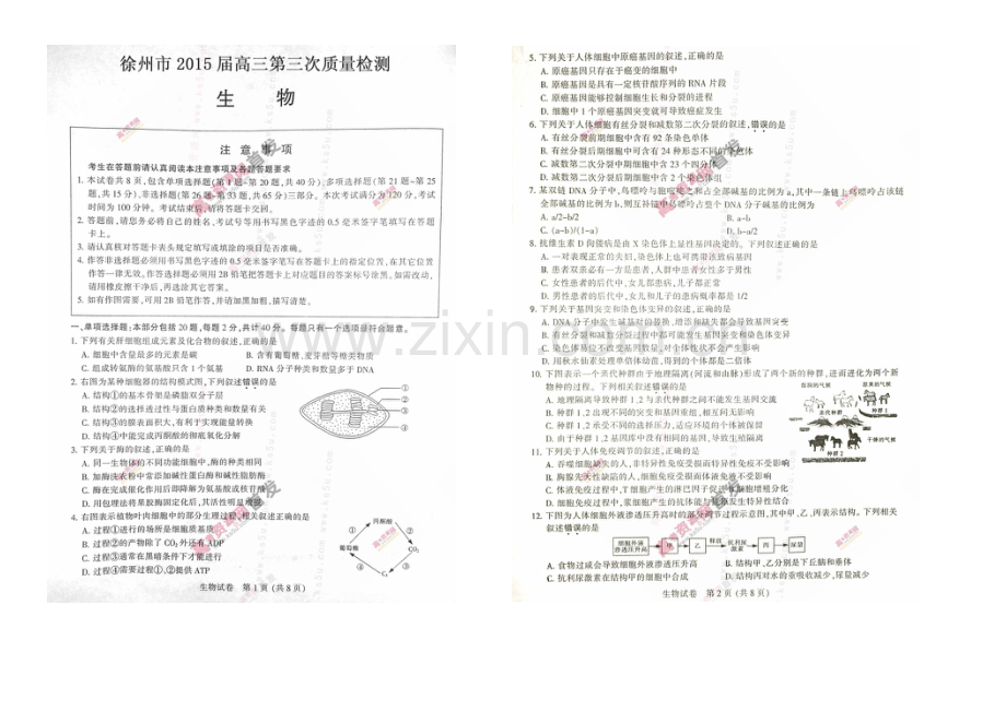 江苏省徐州市2021届高三第三次质量检测-生物-扫描版含答案.docx_第1页