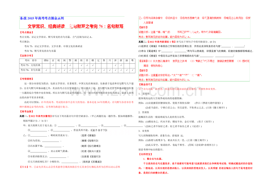 2021年高考语文考点总动员专题76-文学常识、经典研读、名句默写之名句默写(解析版).docx_第1页